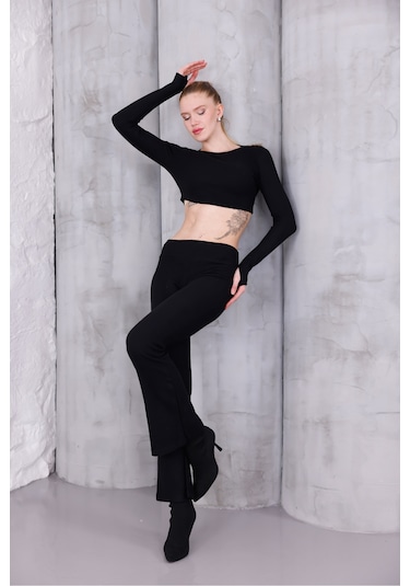 Kadın İspanyol Paça Pantolon Uzun Kollu Parmak Geçirmeli Crop Takım Siyah