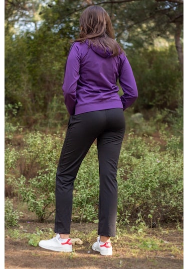 Kadın Mürdüm İki Şeritli Biyeli Fermuarlı Kapüşonlu Spor Eşofman Takımı 21kestax11 001