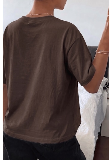 Genıus Store Kadın Tişört Gri Bisiklet Yaka Basic Tişört %100 Pamuk Rahat Kalıp T-shirt Basıc-kadın Kahverengi