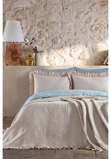 Doqu Home Leris Bouquet Fırfırlı Yatak Örtüsü Tek Kişilik Taş Ekru