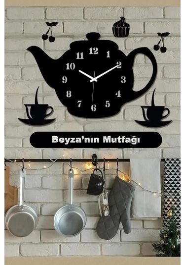 Demlik Tasarımlı Dekoratif Ahşap Mutfak Duvar Saati Kişiye Özel B Ahşap