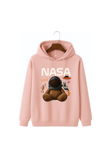 Kokina 3 İplik Penye Unisex Nasa Ayıcık Baskılı Kapüşonlu Sweatshirt Pembe