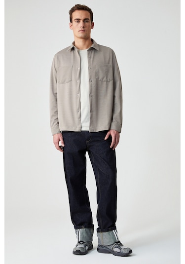 Jakarı Erkek Regular Fit Standart Kesim Klasik Yaka Desenli Çıtçıtlı Vizon Gömlek