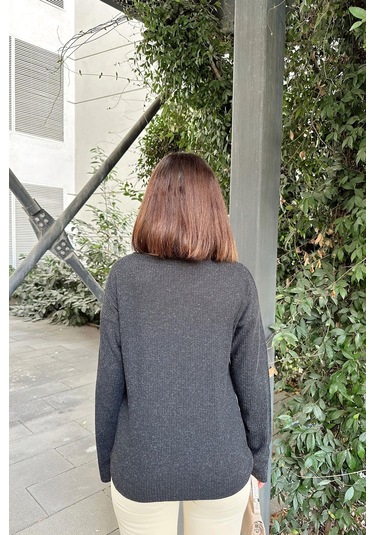 Kadın Antrasit Yumuşak Dokulu, Düğmeli Bisiklet Yaka, Regular Kesim Triko Kazak, Bluz Antrasit