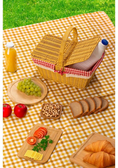 Porsima 2079 Dökdörtgen Hasır Görünümlü Piknik Sepeti Piknik Çantası 42x37cm Açık Kahverengi