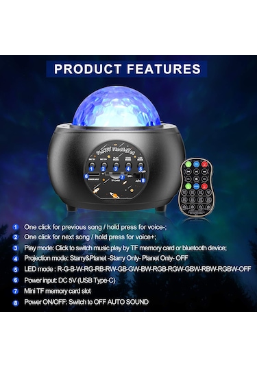 Vkemall Led Evren Projektörü, 10 Gezegen & Nöbül Işıklı, Bluetooth Hoparlörlü, Uzaktan Kumandalı Gecelik Proje Kotu