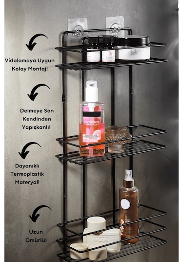 3 Katlı Siyah Yapışkanlı Banyo Rafı, Şampuanlık Duş Düzenleyici, Paslanmaz Metal Banyo Duvar Askısı - TŞ-03