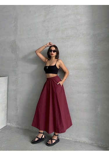 Kadın Beli Lastikli Dokuma Kloş Etek Bordo Kadın Beli Lastikli Dokuma Kloş Etek Bordo