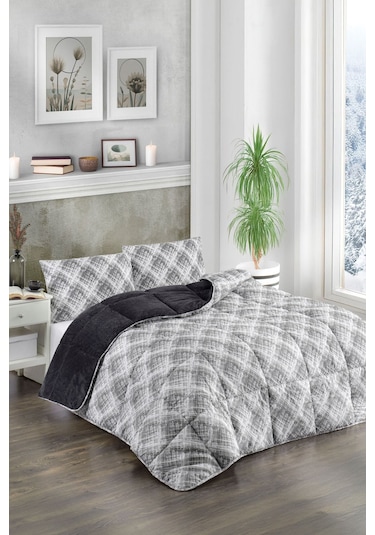 Renkli Desenli Battal Boy Yorgan Peluş Çift Taraflı Yastık Kılıflı Çarşafsız 06 Siyah