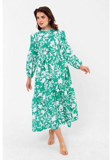 Yaprak Desenli Renkli Pamuklu Yazlık Baharlık Kuşaklı Elbise 2101 Yeşil