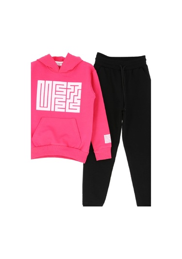 Kız Çocuk 2 İplik Küfe Yazı Görselli Kapüşonlu Alt-üst Takım 12374 Pembe