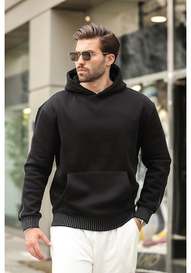 Madmext Siyah Kapüşonlu Kanguru Cep Erkek Sweatshirt E7163 Siyah