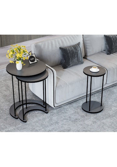 Alpa Ev Mobilya Ay 3 Lü Yuvarlak Zigon Sehpa Seti, Modern Metal Ayaklı C Model Şık Yan Sehpa Antrasit