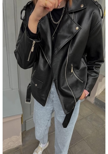 Prifaldi Oversize Uzun Kadın Deri Ceket Siyah