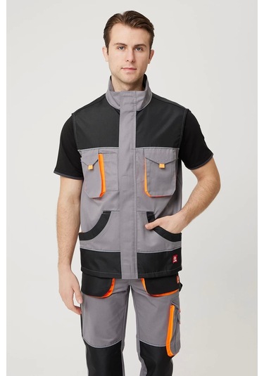 Dayanıklı İş Yeleği Çok Cepli Alaska Outdoor Yelek Nefes Alabilir Fonksiyonel Tasarım Gri-siyah-turuncu