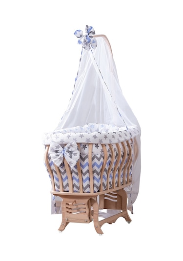 Setaymobilya Doğal Ağaç Beşik, Kristal Çizgili Sepet Beşik +Uyku Seti+Cibinlik