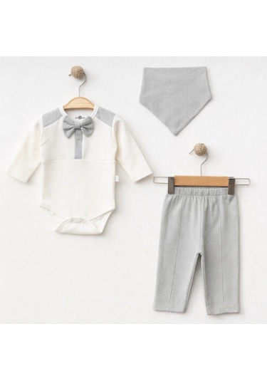 Işıl Baby Papyonlu 3'lü Erkek Bebek Body Takım Gri