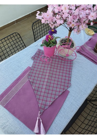 Pembe Şeritli 6 Lı Amerikan Servis Ekose Runner Seti Renkli