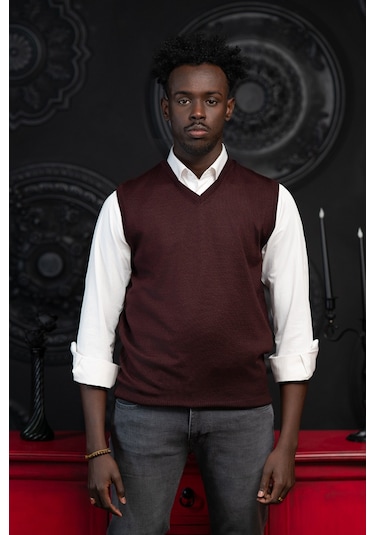 V Yaka Regular Fit Yünlü Kolsuz Triko Süveter Bordo