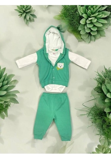 Erkek Bebek Üçlü Ayıcık Detaylı Yelekli Takım-15294 Yesil