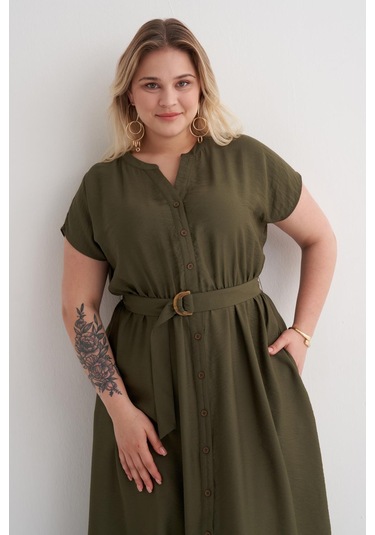 Beli Lastikli Cepli Kemer Detaylı Elbise-6230 Haki