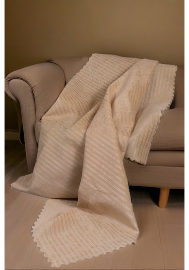 Çizgili Süngerli Kadife Kumaş Kaymaz Çekyat Koltuk Örtüsü 170x210 Bej Bej