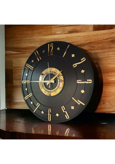 Siyah Renk Gold Sayılı Hediyelik Ahşap Dekoratif Ev Hediyelik Duvar Saati 50cm Gold - Siyah