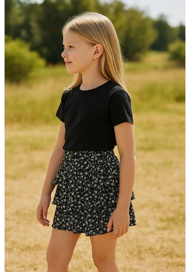 Kız Çocuk Siyah Çiçek Desenli Kat Kat Fırfırlı Mini Etek, Kız Çocuk Etek Siyah