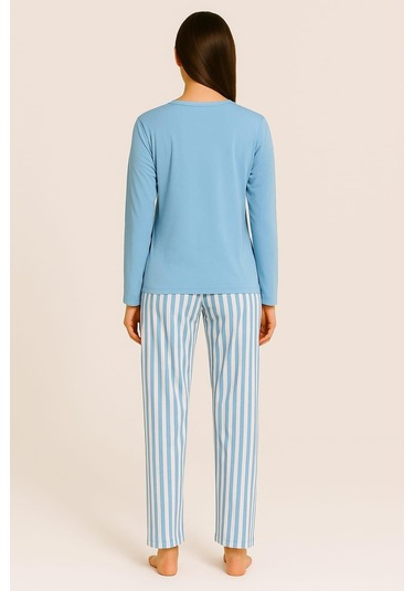 Kadın 20281 Uzun Kol Milan Pijama Takımı Mavi Mavi