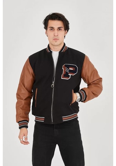 Erkek İçten Elyaf Ve Astarlı Kolları Suni Deri Ceket - Kahverengi Çok Renkli
