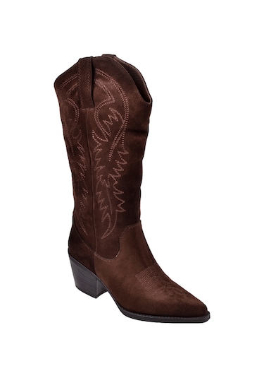 Pullman Hakiki Deri İşlemeli Western Kadın Çizme Plm-011 Kahve Süet Kahve Süet
