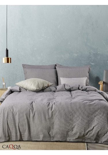 Caqqa Line Striped Naturel Pamuk Çift Kişilik Nevresim Takımı Antrasit