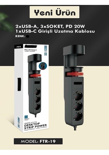 Masa Tutacaklı Akım Korumalı 2xusb-a, 3'lü Priz, Pd 20w 1usb-c Te