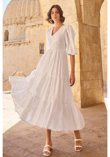 Monamise 23077 Kadın Truvakal Kol V Yaka Elbise-beyaz Beyaz