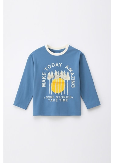 Erkek Çocuk %100 Pamuk Baskılı Uzun Kollu Tişört - Mavi 3-4 Yaş 8-9 Yaş Mavi
