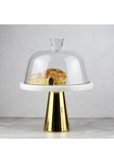 Akayev Mermer 25 Cm Altın Konik Ayak Beyaz Kalın Cam Fanus