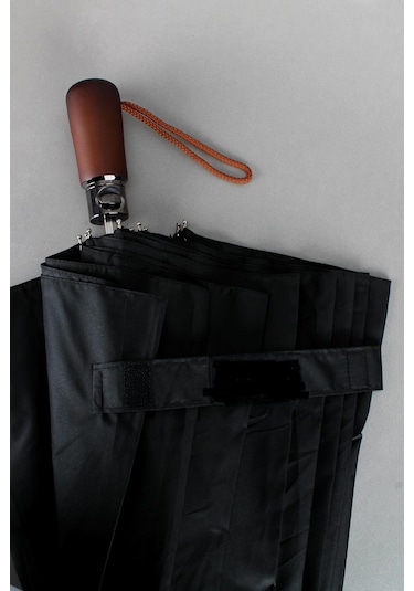 Ahşap Sap 110 Cm Elegant Otomatik Çelik 10 Telli Siyah Şemsiye Rüzgar Korumalı Ponçi Kumaş Siyah