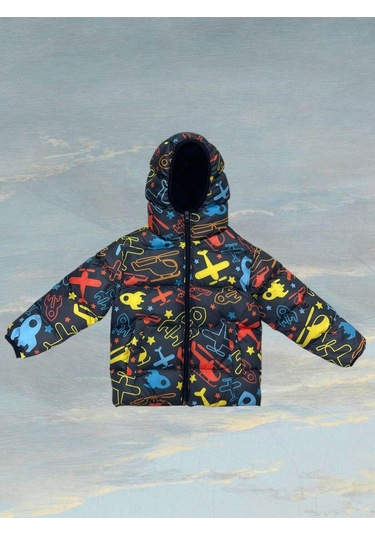 Erkek Çocuk Polarlı Kapüşonlu Helikopter Desenli Kışlık Şişme Mont Digital Baskılı