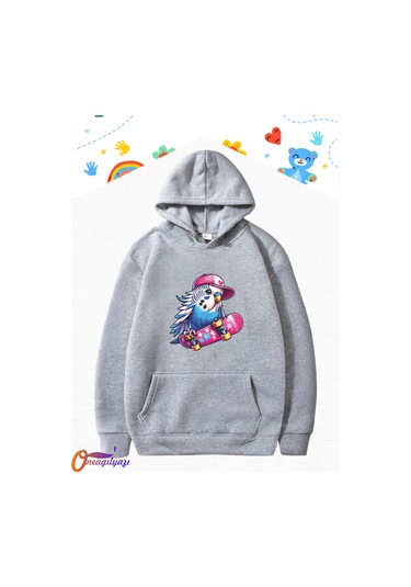 Muhabbet Kuşu Tasarım Çocuk Sweatshirt Hoodie Gri