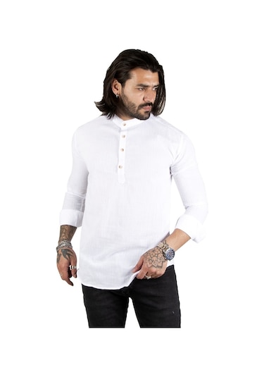 Deepsea Erkek Beyaz Yarım Düğme Gömlek 2201914 Beyaz