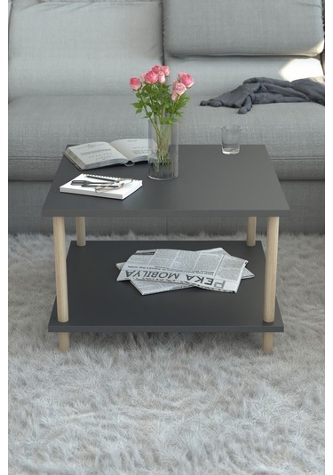 Kare Orta Sehpa Ahşap Ayaklı Sehpa Iki Raflı Sehpa Dekoratif Sehpa Gazetelikli-antrasit - 60x60