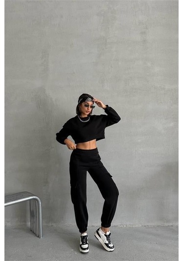 Dip Moda Kadın Bisiklet Yaka Crop Eşofman Takımı Dpnbg041 Siyah
