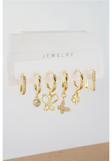 Kadın Vip Seri Zirkon Taşlı Karışık Figürlü 6'lı Küpe Seti Zrk0028 - Altın