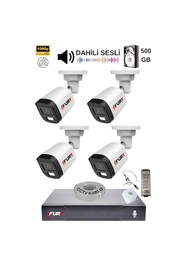 Fury 4 Kamera Sesli Gece Renkli Güvenlik Kamerası Full Hd-su Geçirmez Güvenlik Kamerası Seti 500gb