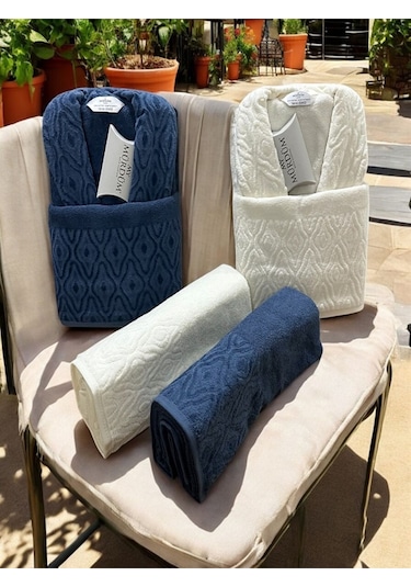 Banyo Çeyiz Seti, %100 Pamuk Bornoz Takımı, 8parça Aile Bornoz Seti, Havlu&havlu Seti Lacivert-krem Lacivert