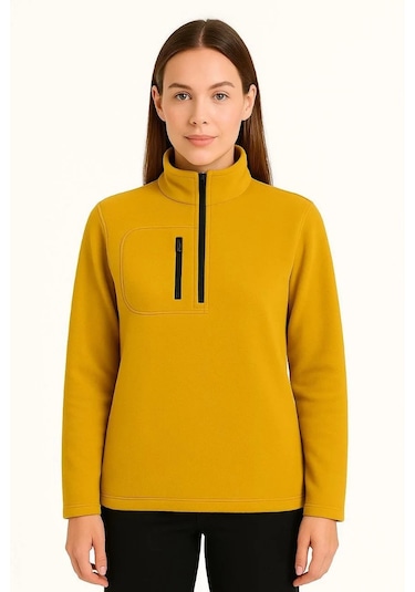 Kadın Polar Kazak Dik Yaka, Yarım Fermuarlı, Fermuarlı Göğüs Cepli, Siyah Biyeli, Kışlık Rahat Reg Sarı