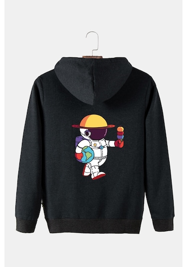Unisex Antrasit Kapüşonlu Arkası Astronot Baskılı Slim Fit Kanguru Cepli Sweatshirt Antrasit