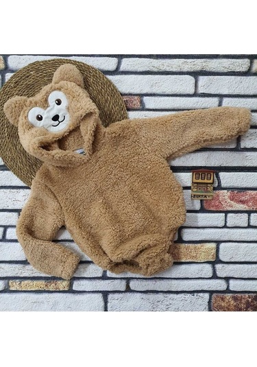 Aden Kids Kapüşonlu Bebek Peluş Çıtçıtlı Body Kahverengi