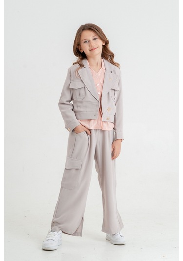 Kız Çocuk Crop Ceketli Üçlü Takım 4407 Bej