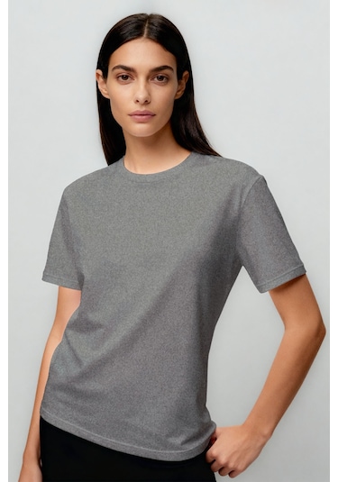 Gri Melanj O Yaka Standart Fit Basic Kadın T-shirt - 97311 Gri Melanj